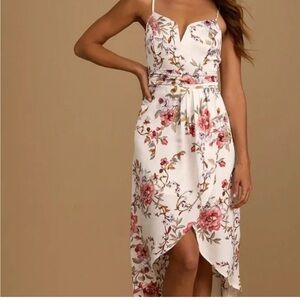 Lulus high low white floral dress. Perfect for bridal/ baby shower or Easter!